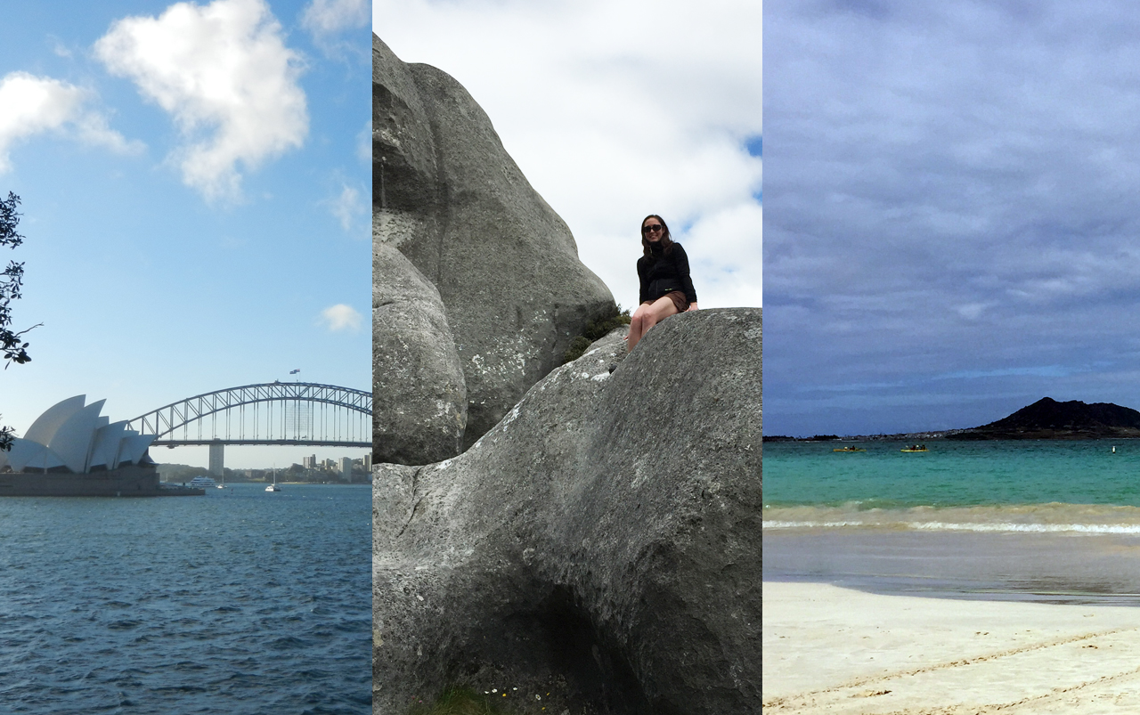 Tryptic of three photos: Sydney Opera House and Sydney Harbor Bridge, adult female sitting on a large gray boulder, and sandy beach with turquoise water and an island.