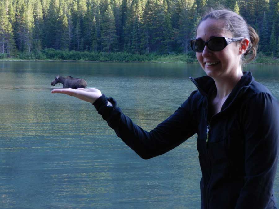 Young adult female with dark hair in a ponytail wearing a black jacket and sunglasses standing in the foreground with her arm outstretched posing as if she is holding the moose that is standing in the water in the background.
