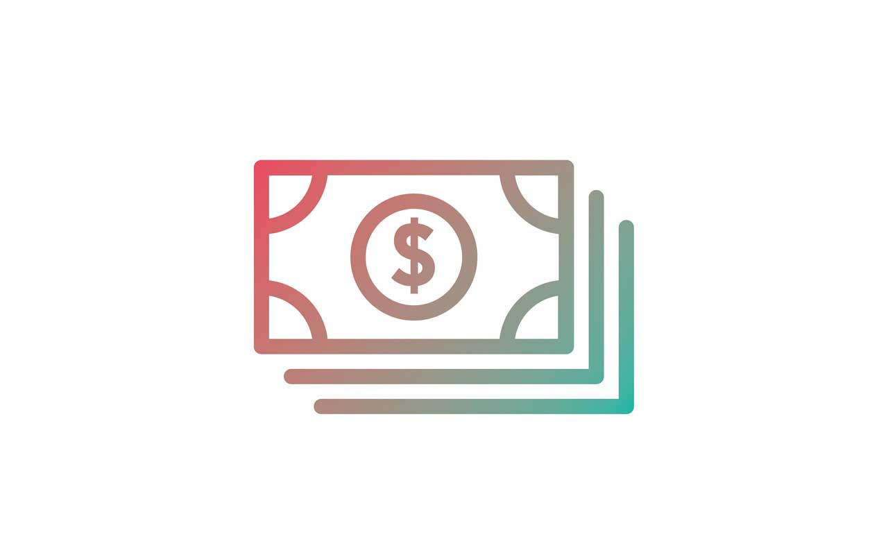 Illustrative icon of a stack of multicolored money on a white background.